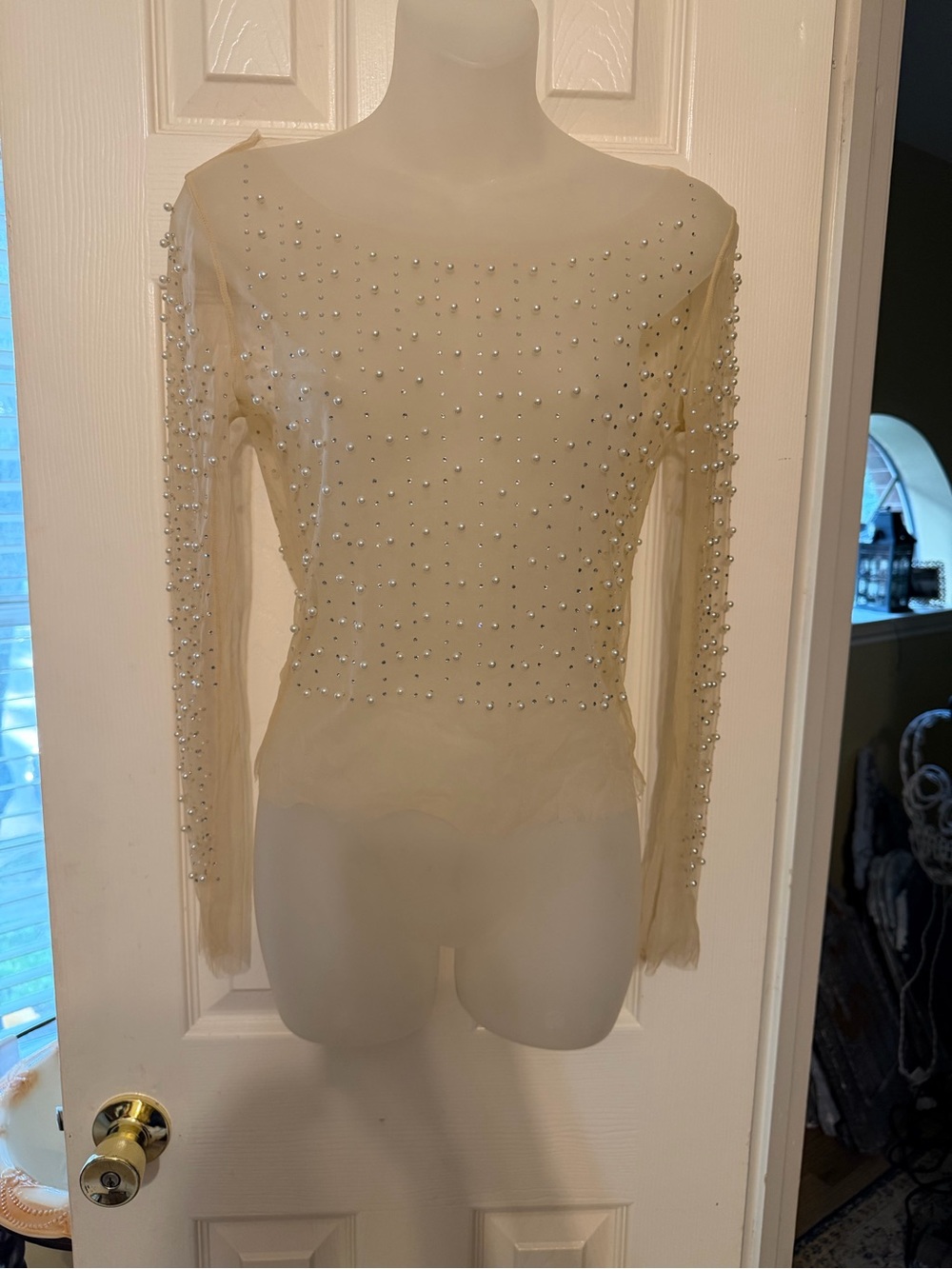 Beaded Sheer Long-Sleeve Top - Cream